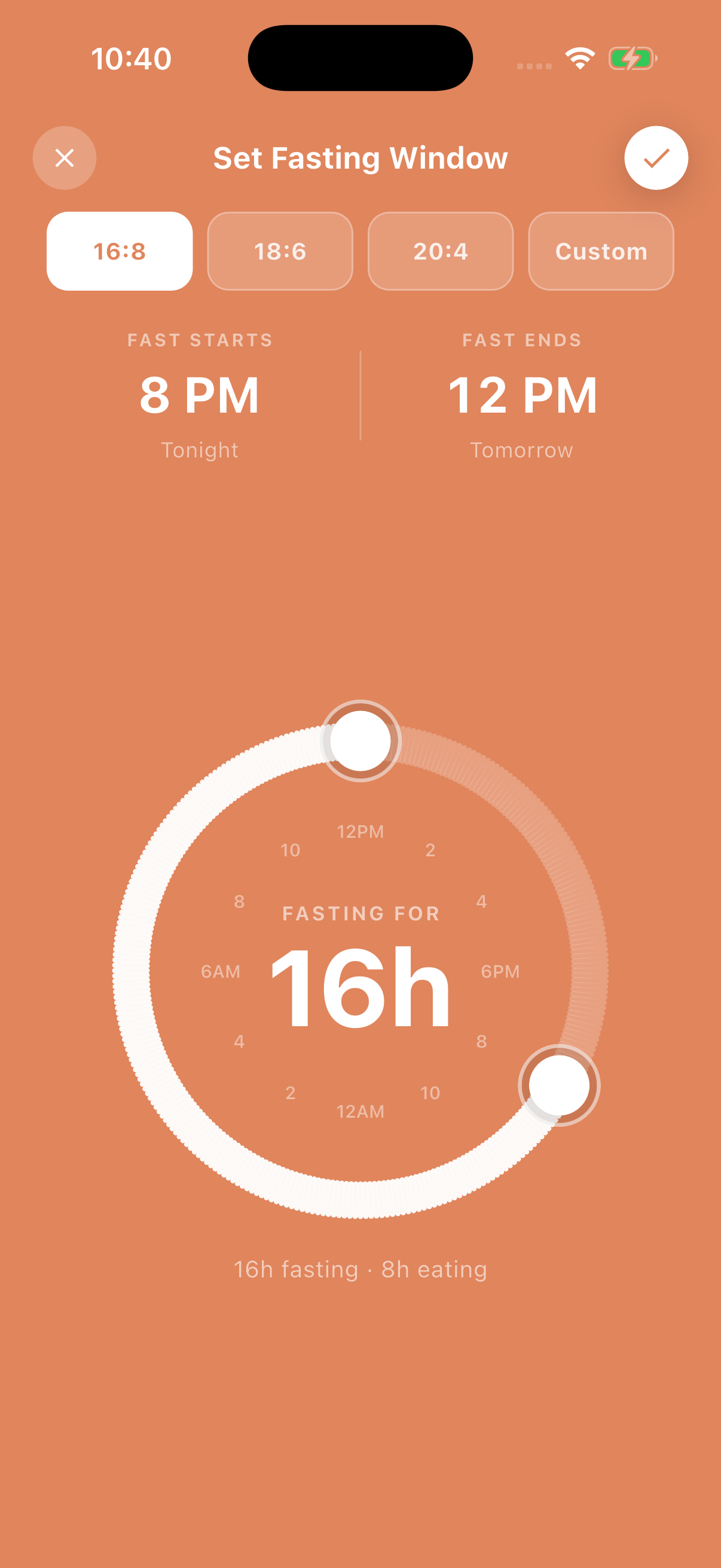 Circa fasting window screen: 16:8 selected on a coral dial, fasting 8 PM tonight to 12 PM tomorrow